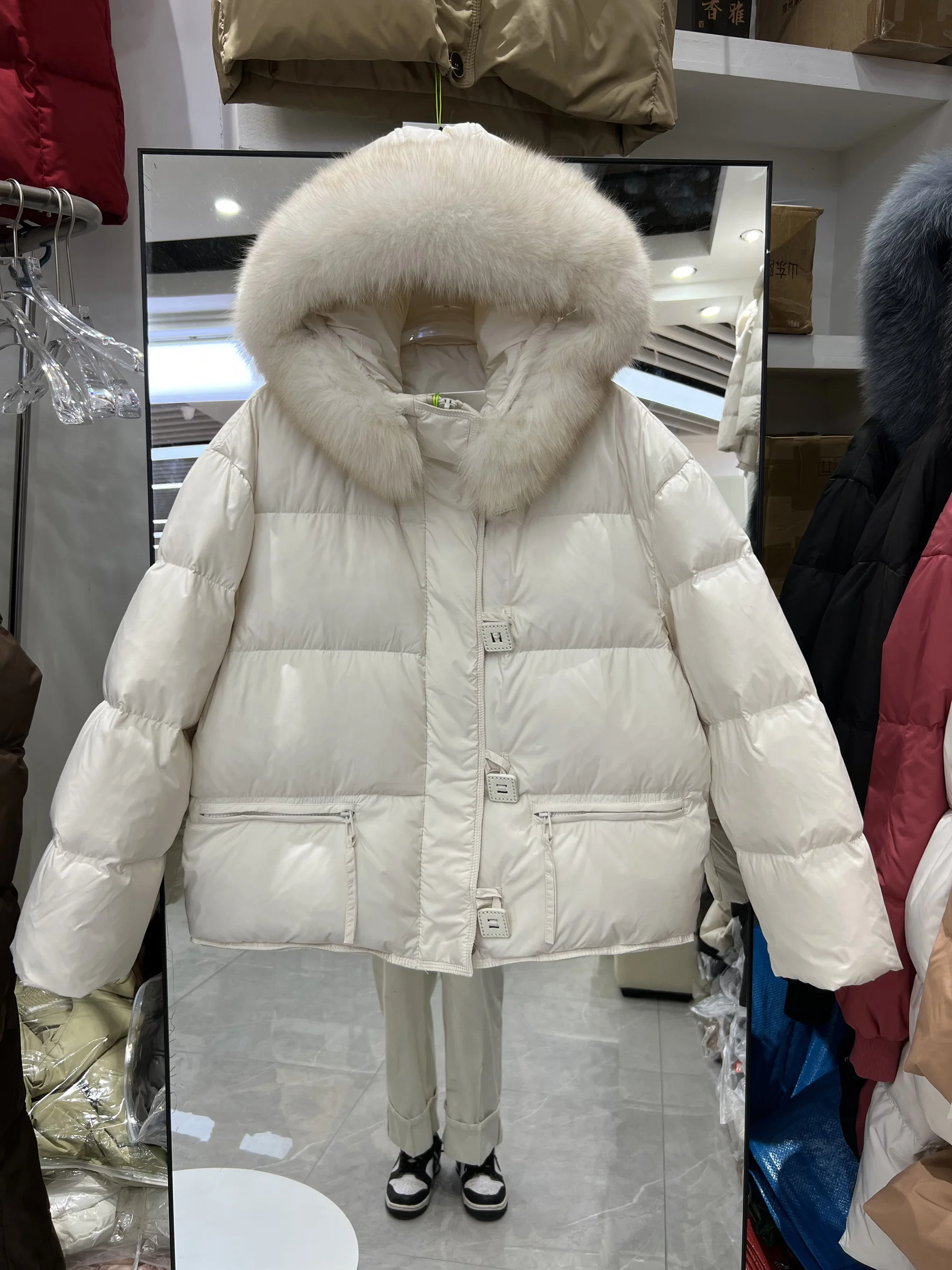 

Winter Natural Large Fur Collar Hooded Down Jacket Women White Duck Down Short Outwears Female Puff Loose Warm Quilted Jackets