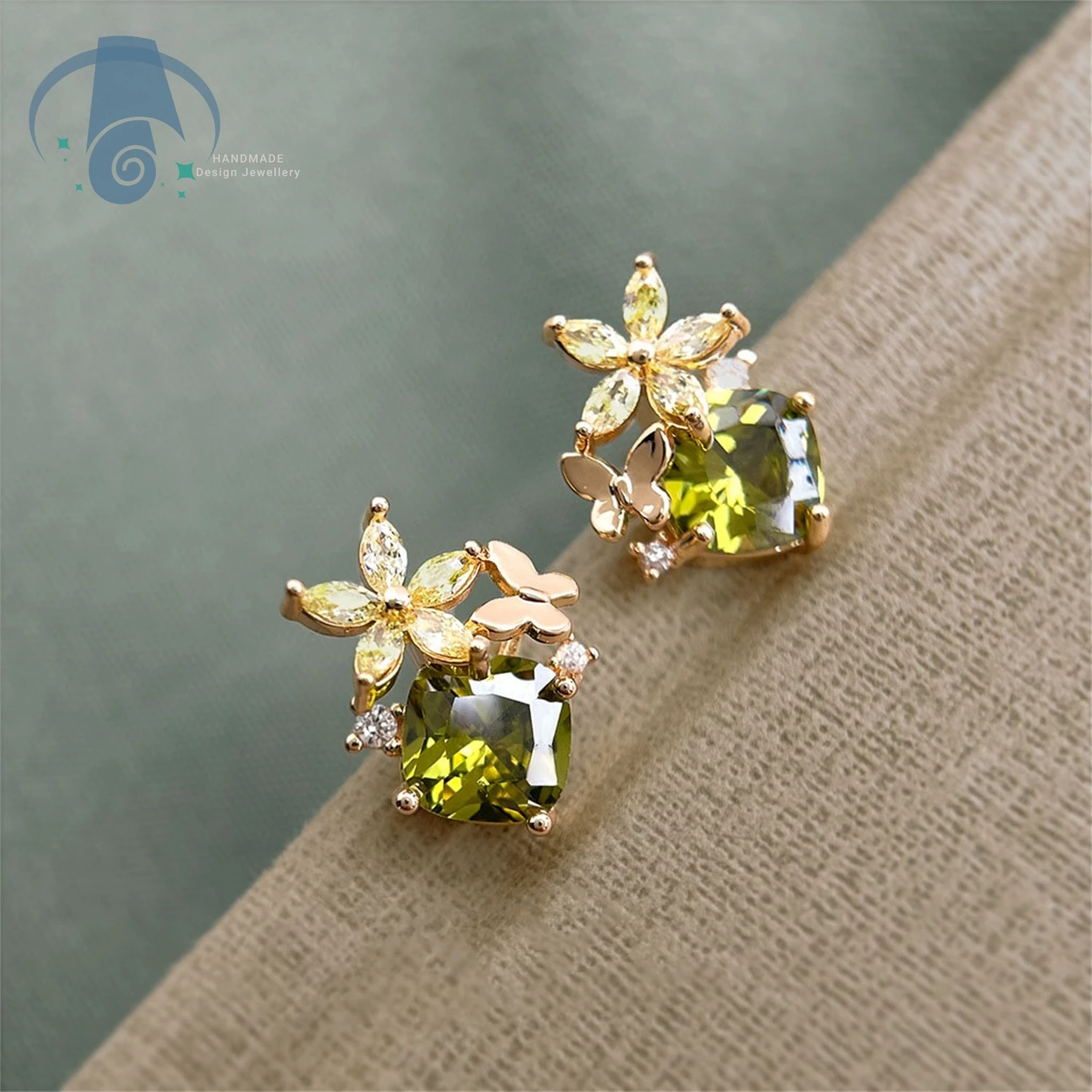 The Olive Green Zircon Silver Plated Teardrop Earrings Flower Butterfly Micro Pave Nature Inspired Light Luxury Jewelry for Wome