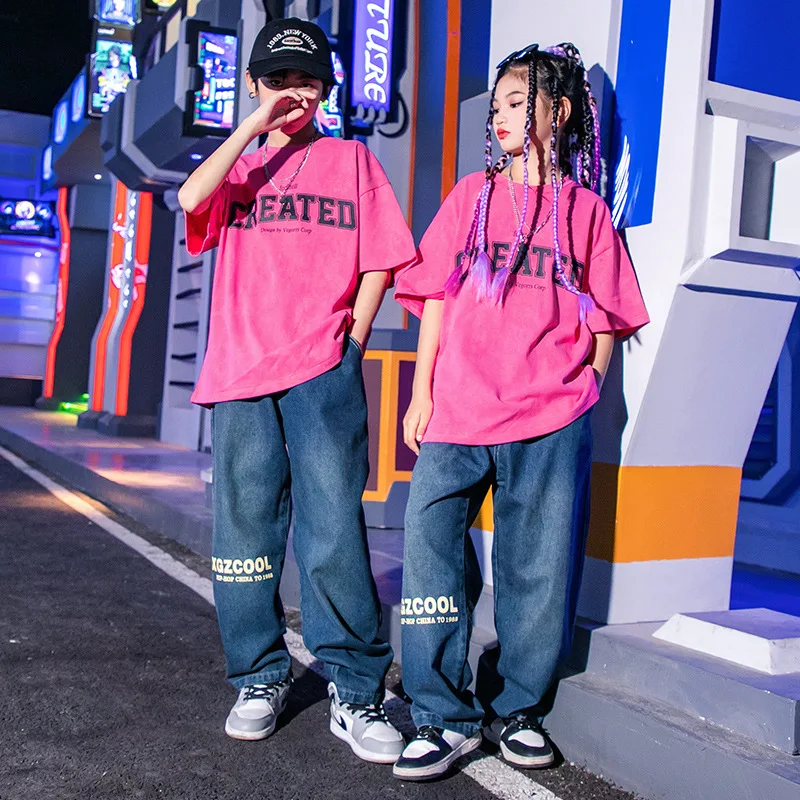 

Hiphop Jazz Dance Costume For Girls Short Sleeves Top Jeans For Boys Street Dance Kpop Outfit Kids Stage Performance Wear SL8086