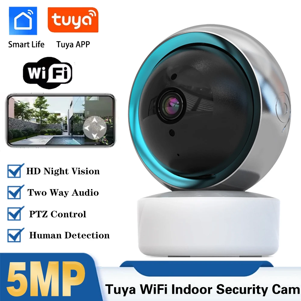 

Умная Wi-Fi PTZ IP-камера Tuya 5 МП для помещений с автоотслеживанием и обнаружением человека, двусторонней аудиосвязью, для защиты умного дома, наблюдения за питомцами/детями