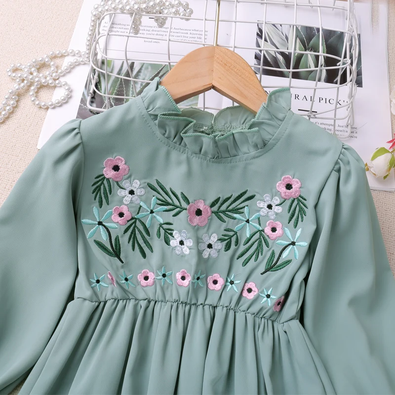 Autumn New Flare Sleeve Girl Dresses with Embroidery Floral Dress Cute Princess Dress  Children Clothes