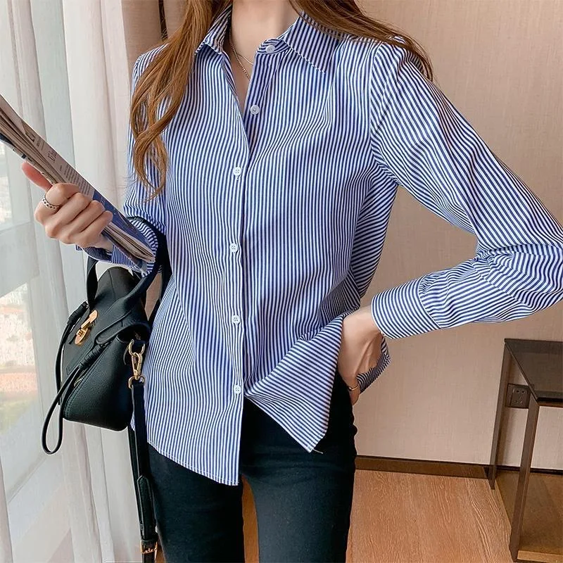 Women Spring Summer Blouses Shirts Lady Fashion Casual Long Sleeve Turn-down Blue Stripes Blusas Tops WY0304