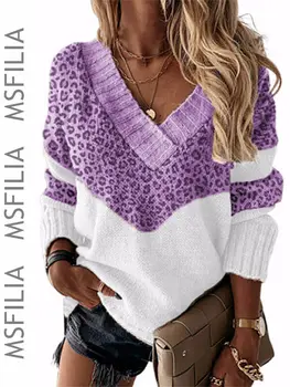 Msfilia Women's Fall/Winter V-Neck Colorblock Leopard Print Sweater, Loose Slouchy Knit Top Versatile Pullover 6