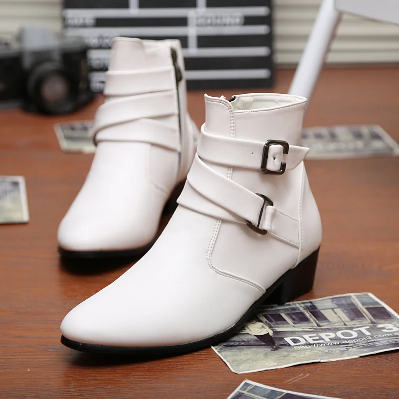 Spring Simple Style Man White Elegant Shoes Big Size 47 High-top Dress Shoes Men Point Toe Leather High Heel Shoes for Men Boots