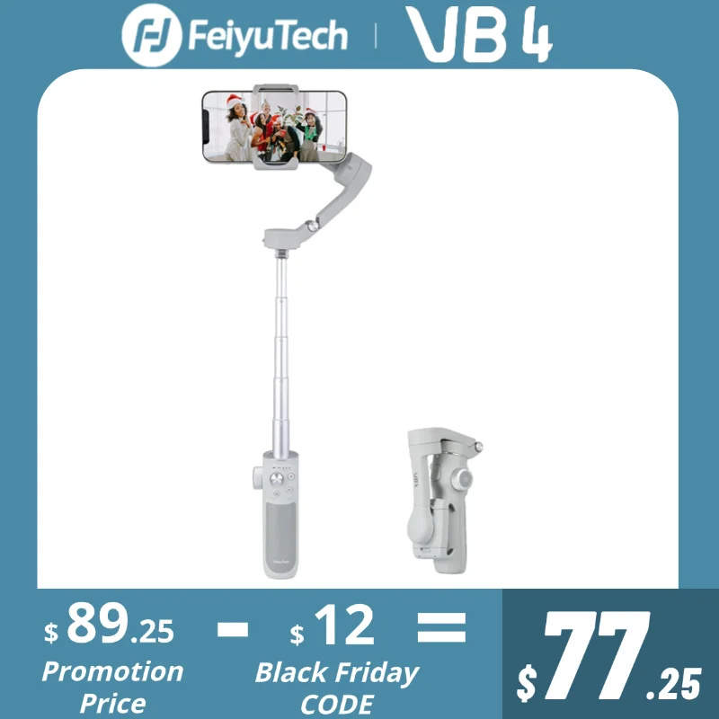 FeiyuTech Official VB4 Smartphone Stabilizer Face Tracking 3-Axis Phone Gimbal Built-in Selfie Stick Portable iPhone15/Samsung