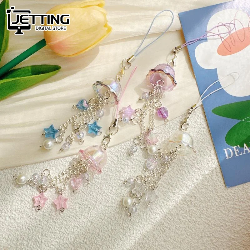 

Cute Jellyfish Wind Chime Pendant Keychain Mobile Phone Lanyard Bag Key Ring Decorative Accessories For Girls Christmas Gift