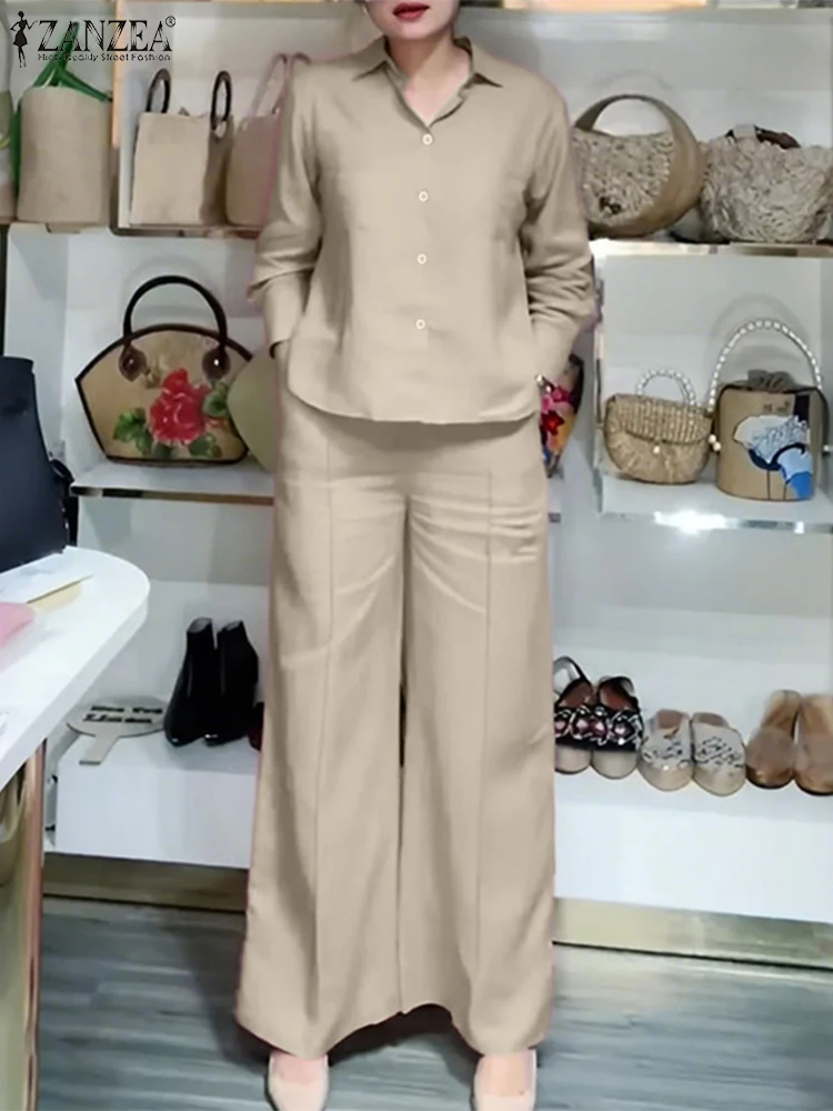 2025 Herfst Broek Pak ZANZEA Elegante Revers Hals Lange Mouw Losse Broek Sets Vrouwen Bijpassende Sets 2 STKS OL Werkoutfits