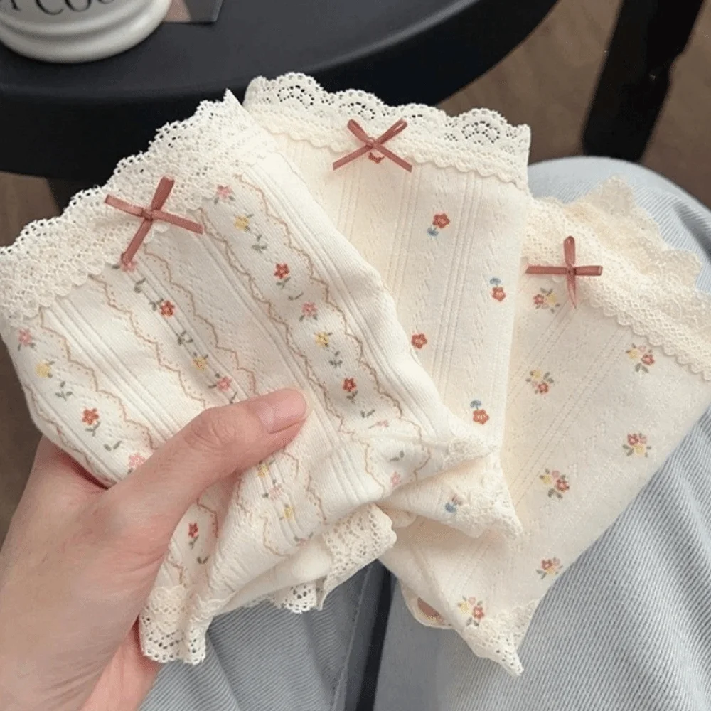 Lingerie Bow Floral Cotton Panties Stripe Polka Dot Underwear for Women Mid Waist Grid Sweet Flower Briefs Spring Summer