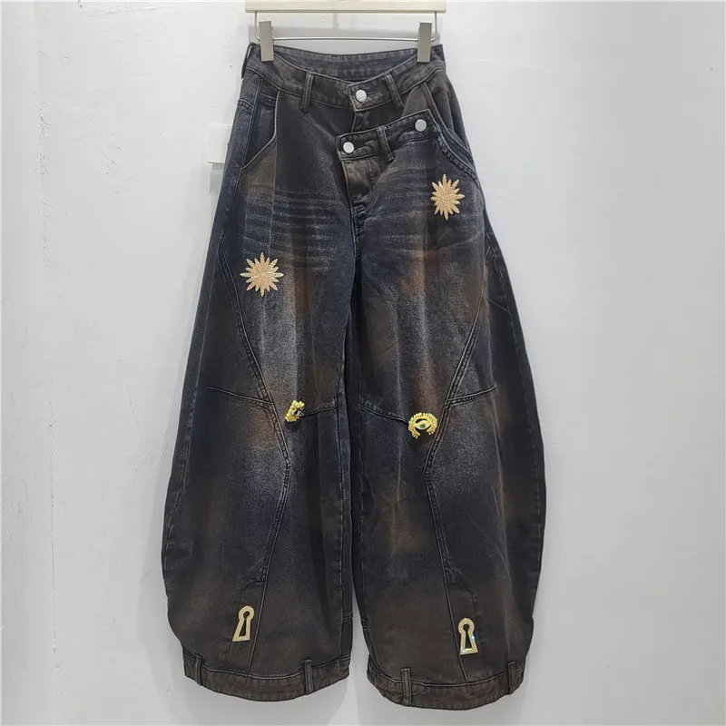 

American-style Metal Buckle Distressed Denim Curved Hem Pants for Women, Spring Loose Wide-leg Casual Work Pants, 2026 New Model