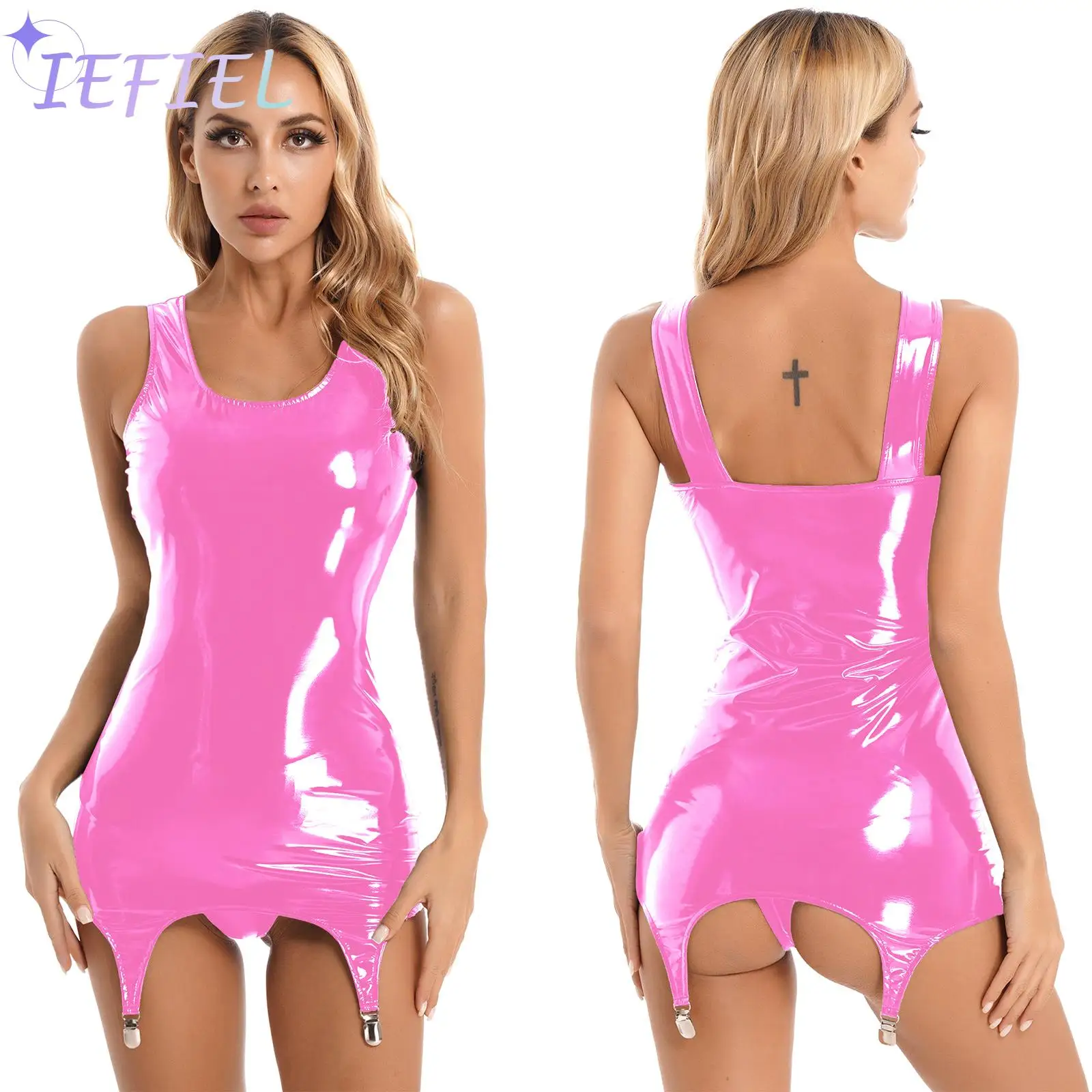 Women PVC Leather Wet Look Bodycon Pencil Package Hips Dress Tank Top Latex Short Miniskirt with Garter Belt