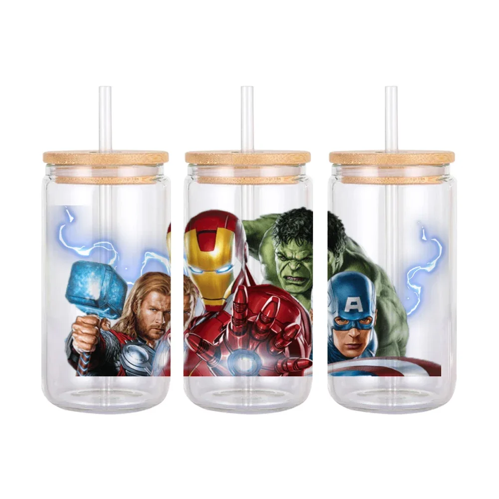 Disney Iron Man Spider Captain UV DTF Sticker For 16oz Glass Can Wrap Transfer Labels DIY Self Adhesive Custom