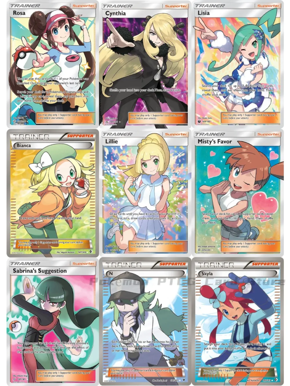 9 قطعة أوراق البوكيمون أرواق لعب PTCG الداعم ليلي ليزيا روزا سينثيا مجموعة فنية كاملة نادرة بطاقات التداول البوكيمون هدية