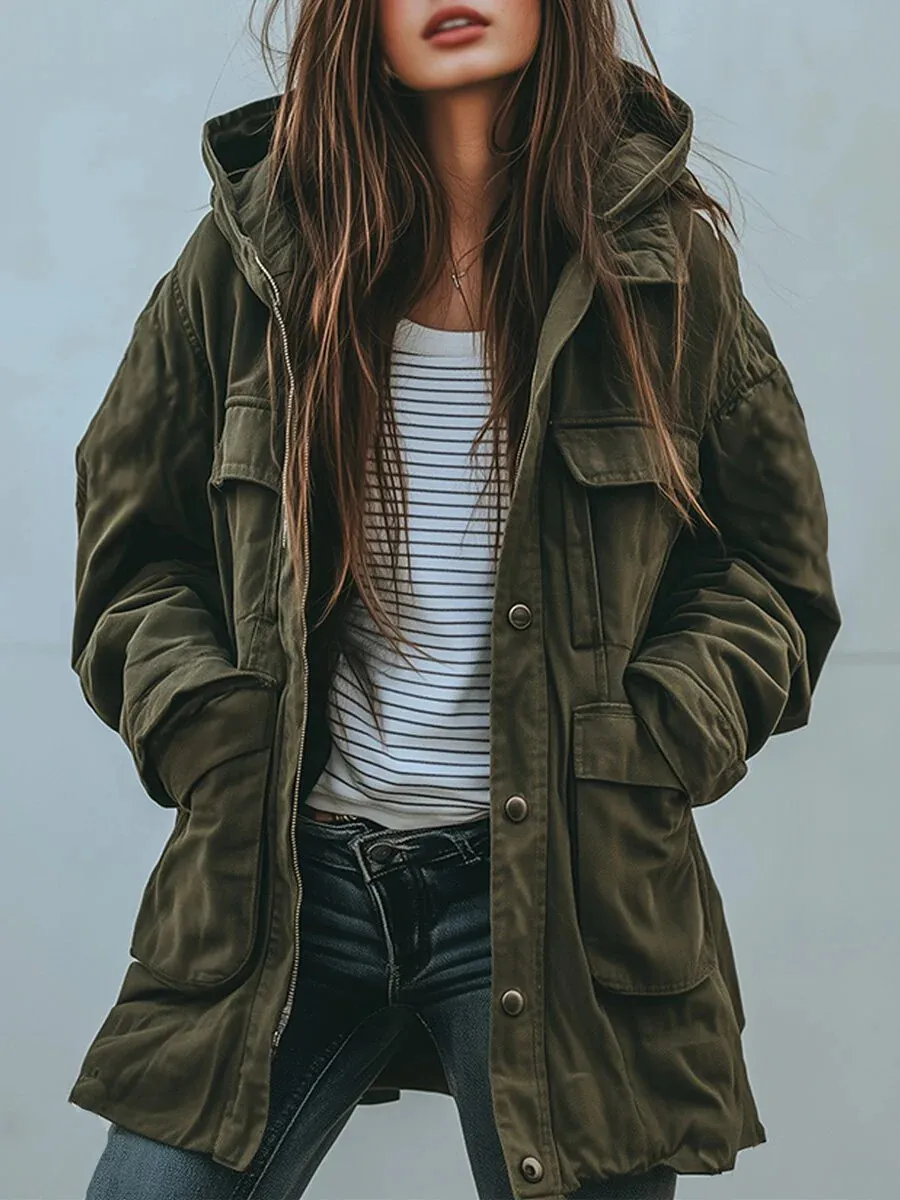 

Women Hooded Jacket Autumn Winter Female Outerwear Long Sleeve Pockets Single Breasted Streetwear Army Green Trench Coat Jackets