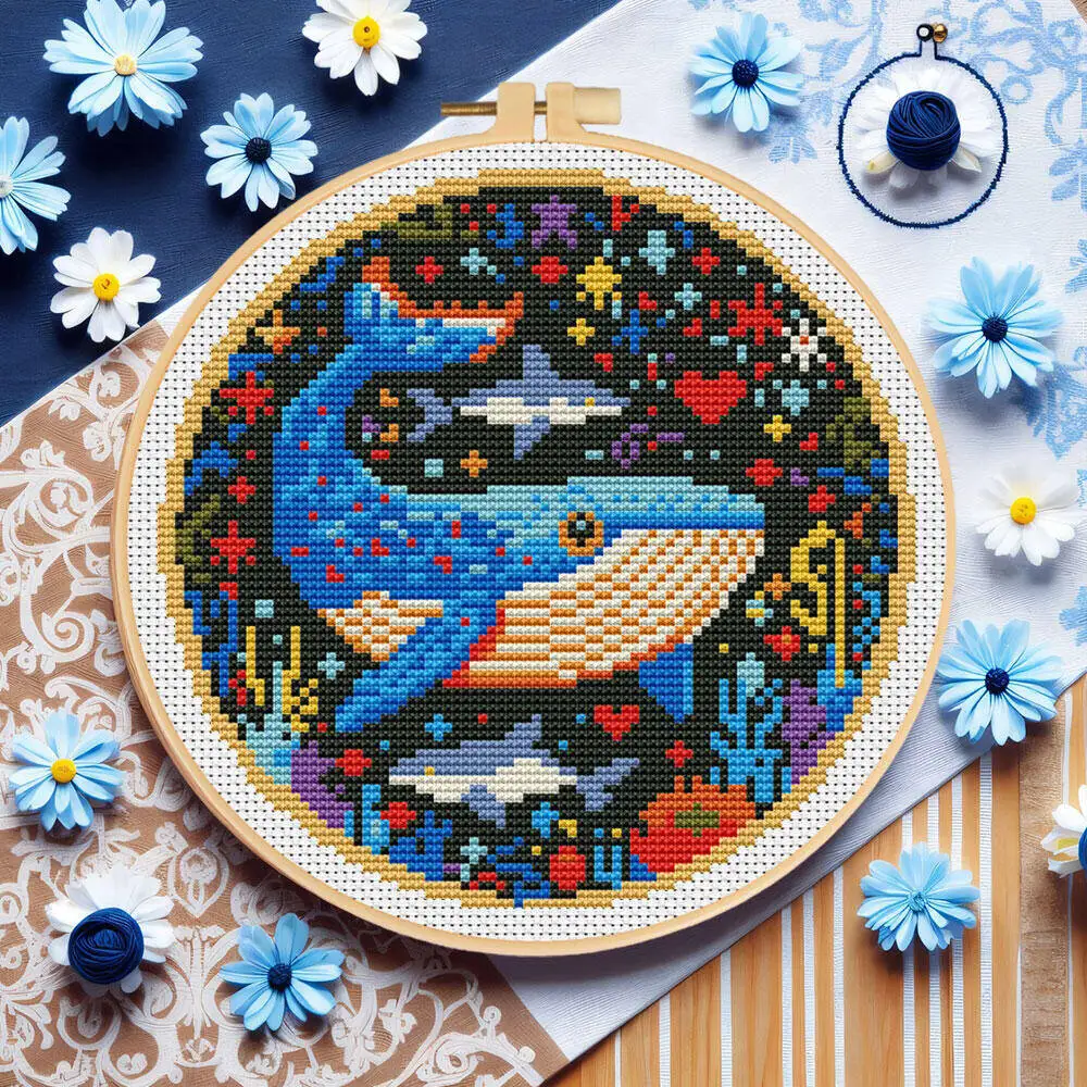 

DIY Cross Stitch Whale Embroidery Animal Hoop Entry Level Needle Arts Craft Set Sewing Supplies Desktop Decoration Gift