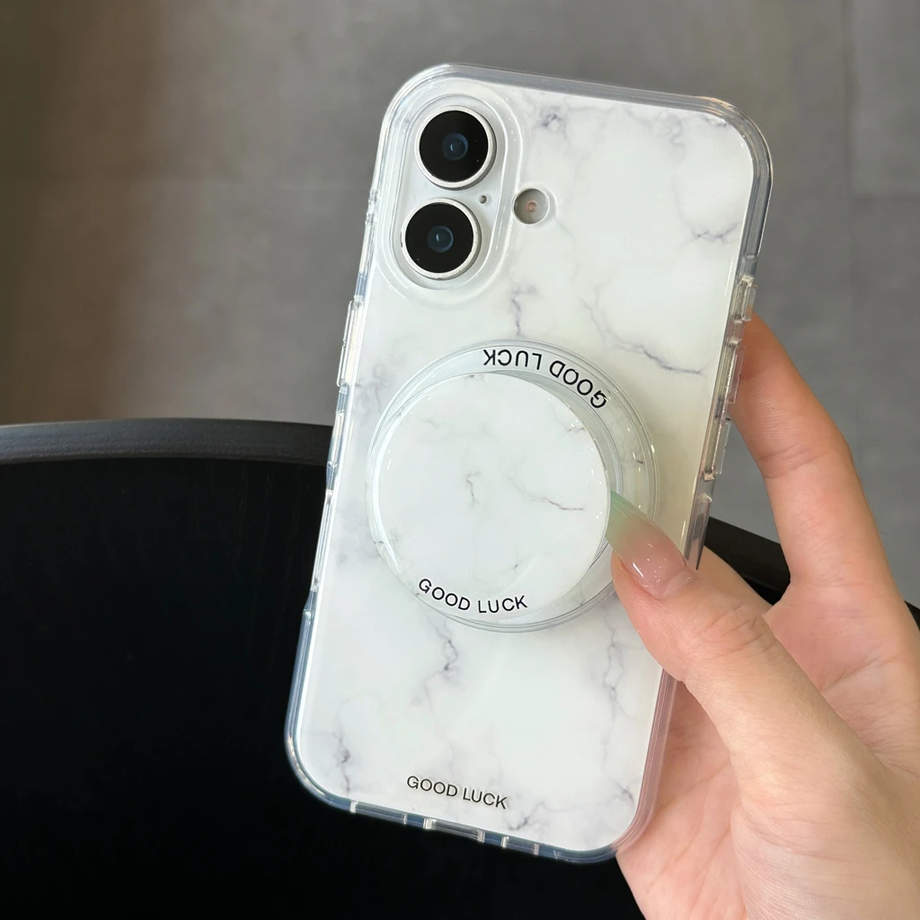 

Усовершенствованный простой белый мраморный узор с держателем, магнитный чехол для телефона с беспроводной зарядкой для iPhone 16, 15, 14, 13 Pro Max