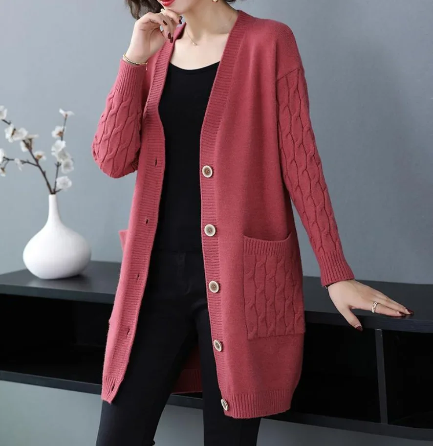 2024 Autumn New Knitted Cardigan Women Sweater V Neck Solid Vintage Loose Knitwear Ladies Tops Single Breasted Casual Clothes