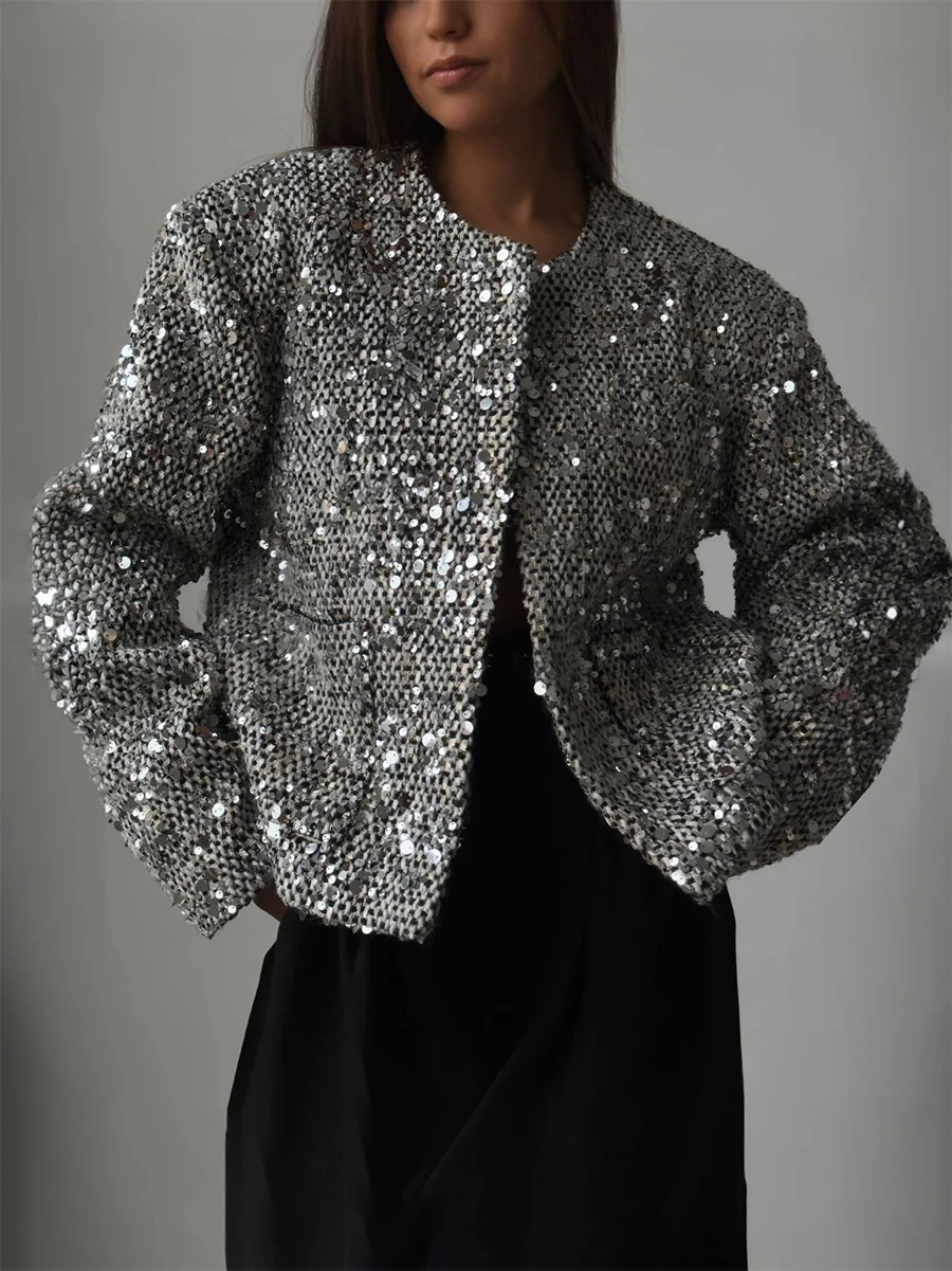 

Women Fashion Chic Silver Coat Casual Warm Chic Elegant Female Coats Autumn Loose Sequin Jacket Woman Clothes