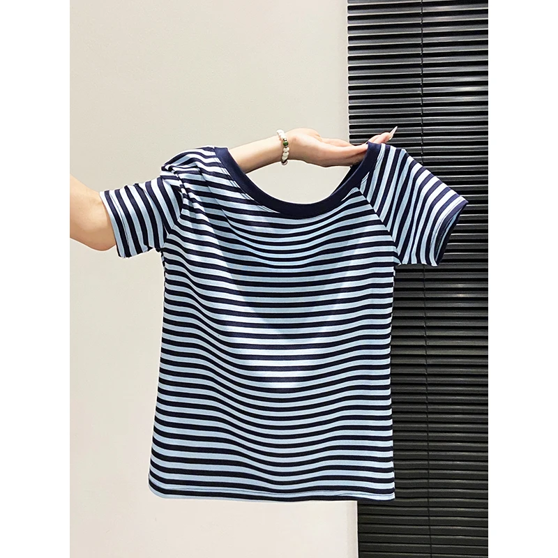 Color-blocking Striped Sloping-neck Short-Sleeved Women's Summer New Style Versatile Slimming And Age-Reducing Top