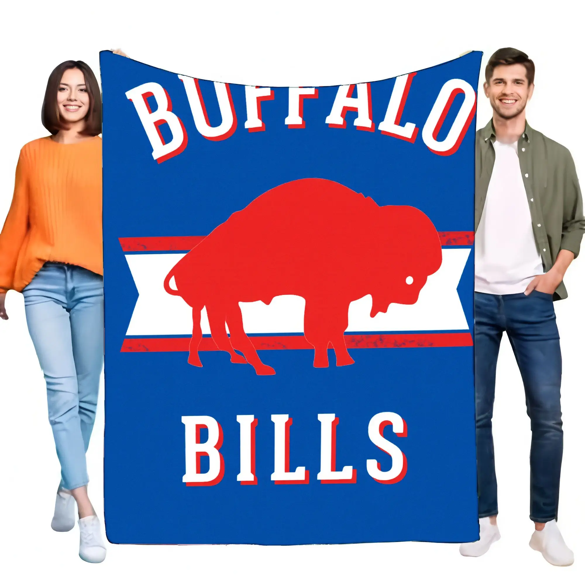 بطانية Buffalo Bills الزرقاء الكبيرة مع صورة ظلية Buffalo حمراء رمي ناعم للأريكة، مثالية لمحبي NFL، تتميز بالنص الأبيض