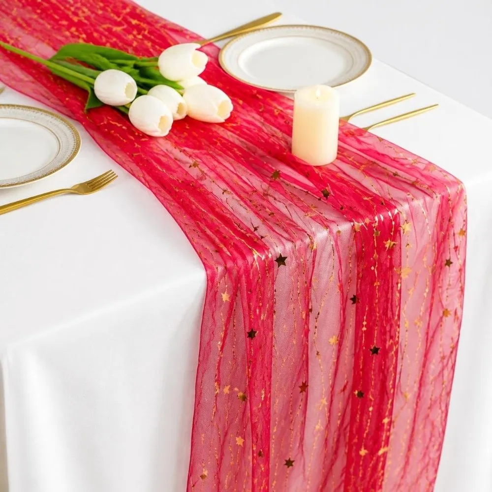 75*300CM Embroidered Table Runner Retro Style Semi-Transparent Gauze Tulle Table Decor Embroidery Design Polyester Material
