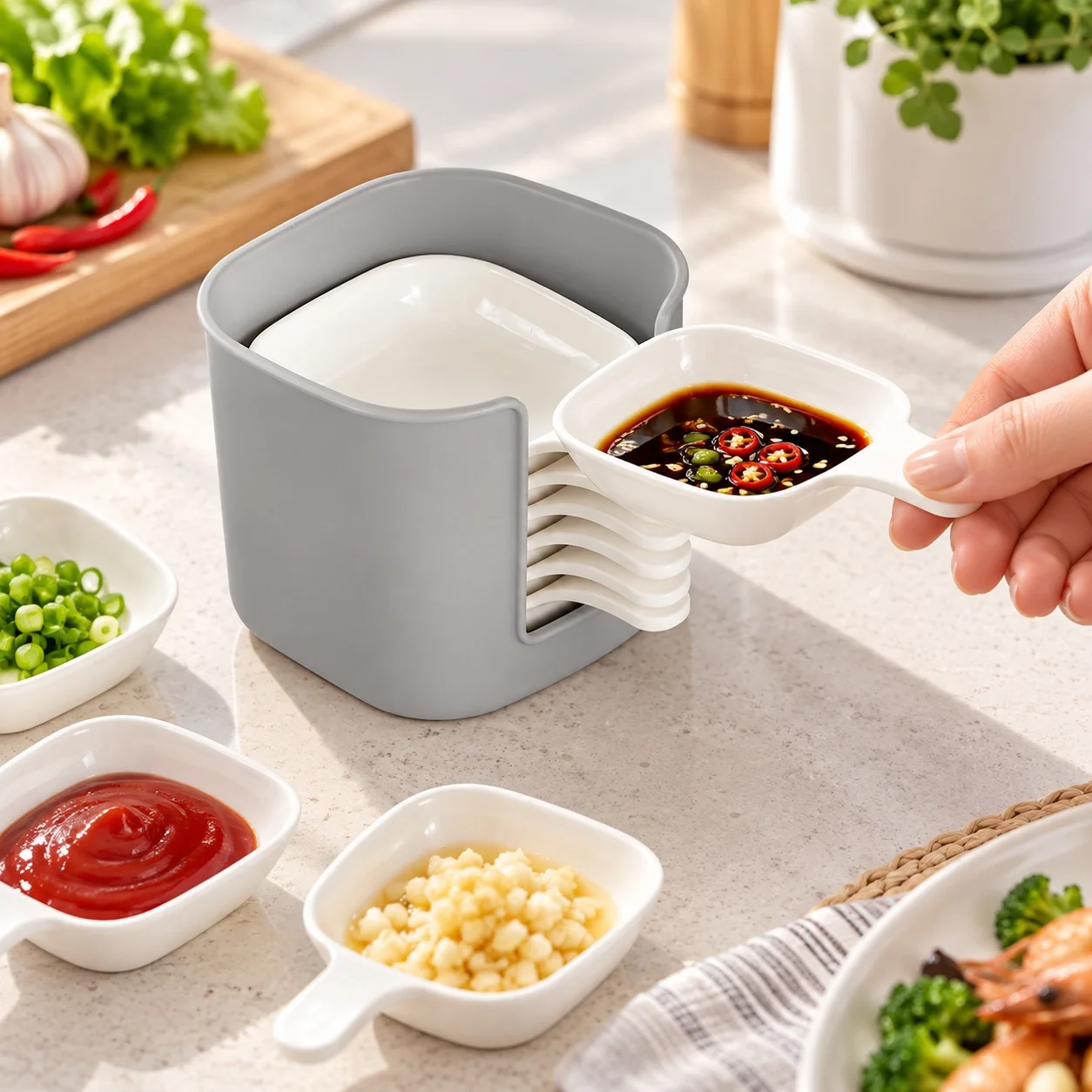 7Pcs Square Condiment Sauce Dishes with Handle Plastic Dipping Bowls Set Small Appetizer Plates for Pickle Seasoning & Bone