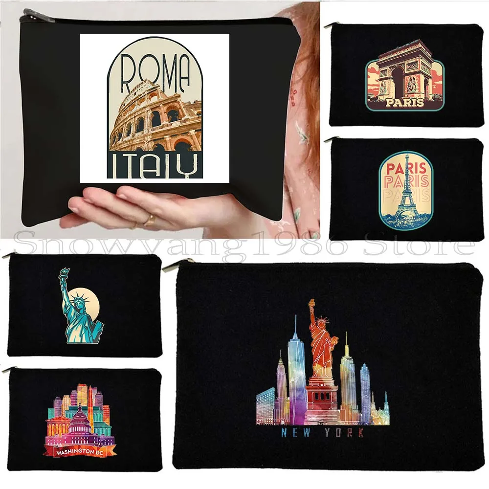 Paris France Arc de Triomphe New York NYC Chicago Las Vegas Rome Eiffel Tower Cosmetic Bag Makeup Lipstick Pouch Pencil Case