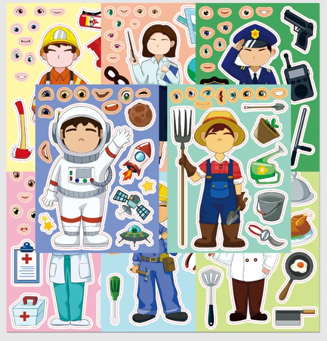 8Sheets Make Your Own Career Character DIY Stickers Chef Doctor Fireman Astronaut Puzzle Stickers Party Craft Activity Supplies
