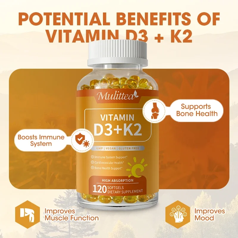 Mulittea Vitamin D3 K2 Capusles with Vitamin D3 Teeth Bone And Skin Heart Health And Support Bone Whole Body Immune Health