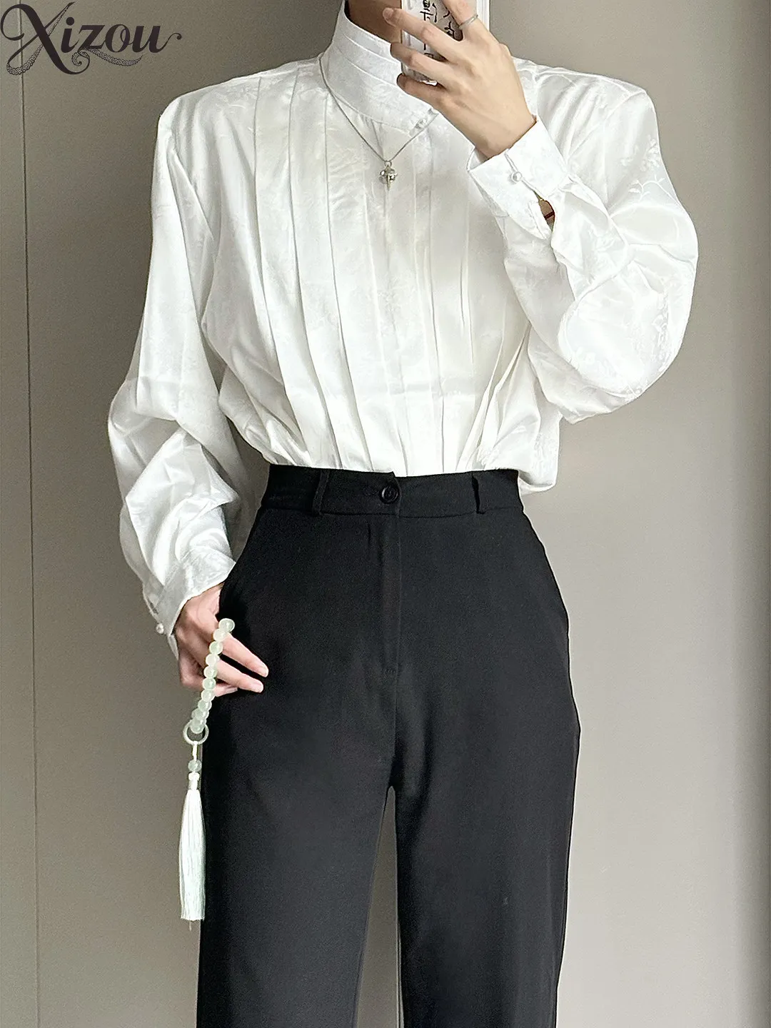 

2026 Spring Autumn Shirt French Retro Stand Collar Long Sleeve Pleated Front Floral Shoulder Pads Loose Fit Inner Casual Top
