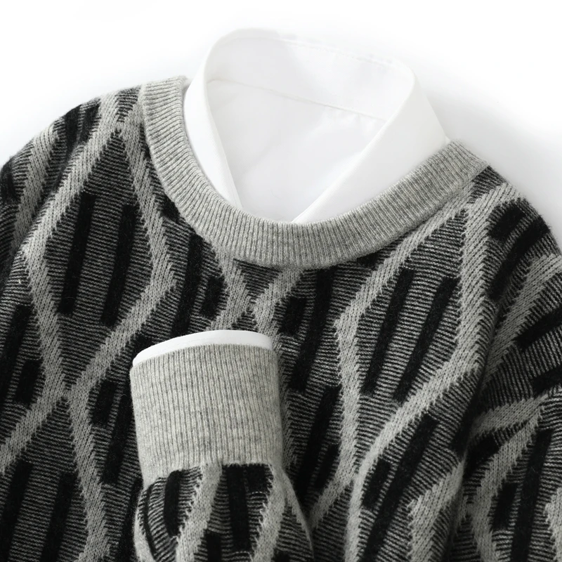 100% pure wool autumn and winter new casual Joker thick sweater loose male O-neck striped knitted cashmere sweater