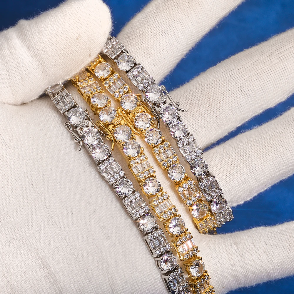 HHIOK Hip Hop Jewelry Tennis Bracelet Iced Out Baguette Round Cut Cubic Zirconia Diamond Tennis Chain