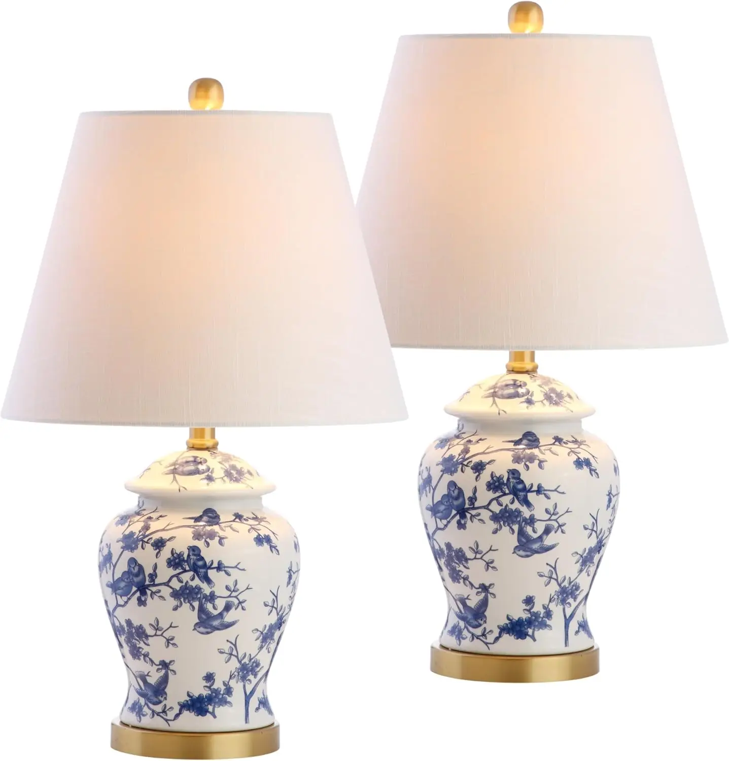 

22" Blue/White Ceramic Table Lamp, French Country Chinoiserie Ginger Jar Bedside Lamp for Living Room Bedroom with White Linen