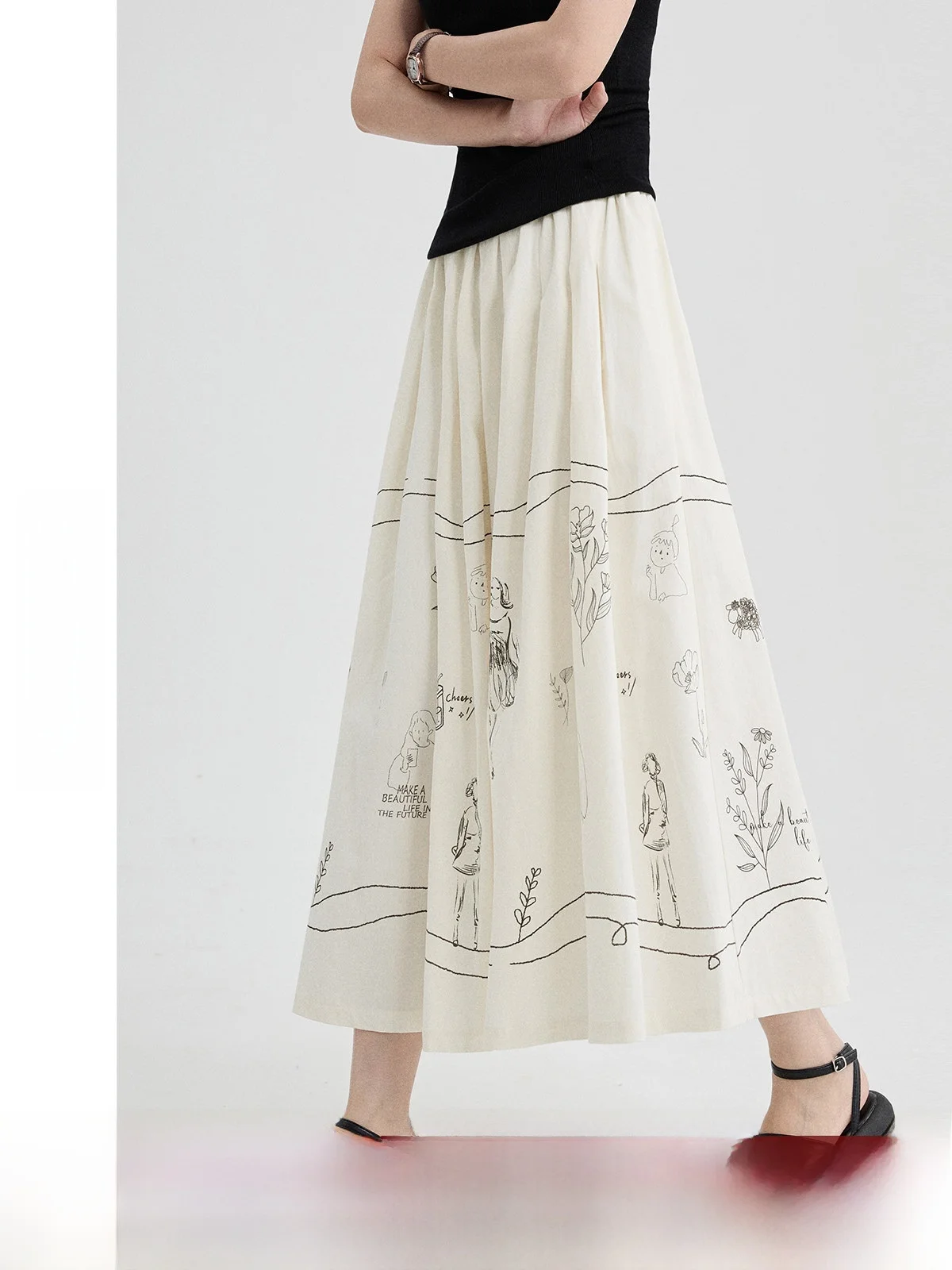 

Pure Cotton Floral Print High Waist A-Line Midi Skirt Women's Summer Casual Versatile Half-length Skirt by Guier
