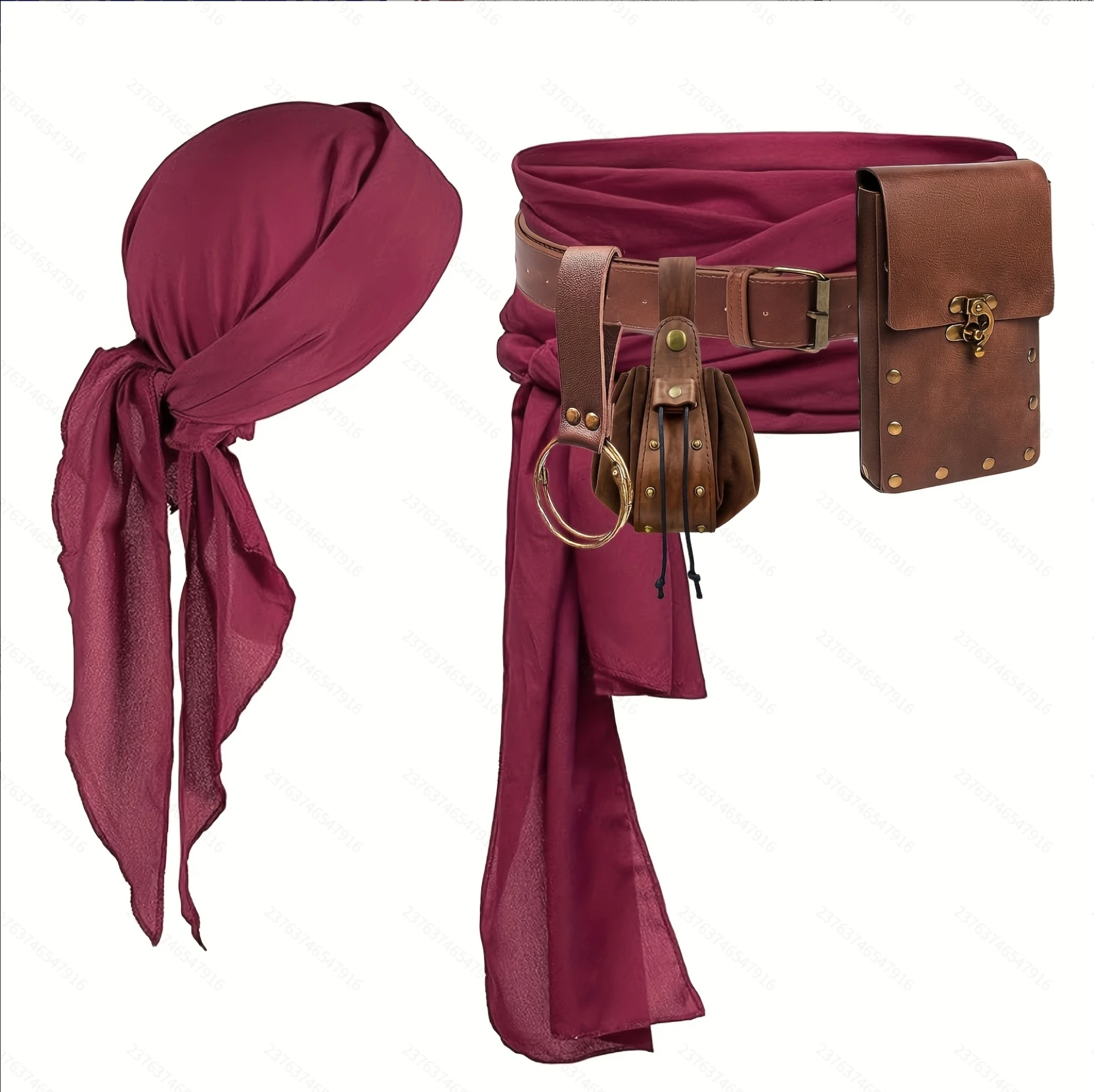 مجموعة مكونة من 6 قطع من ملابس القراصنة للرجال والنساء، وشاح رأس القرصان، وحزام، وحزام القرون الوسطى، وحقيبة الخصر، ومحفظة العملات المعدنية، وحلقة تعليق من الجلد الصناعي، ومجموعة العطلات