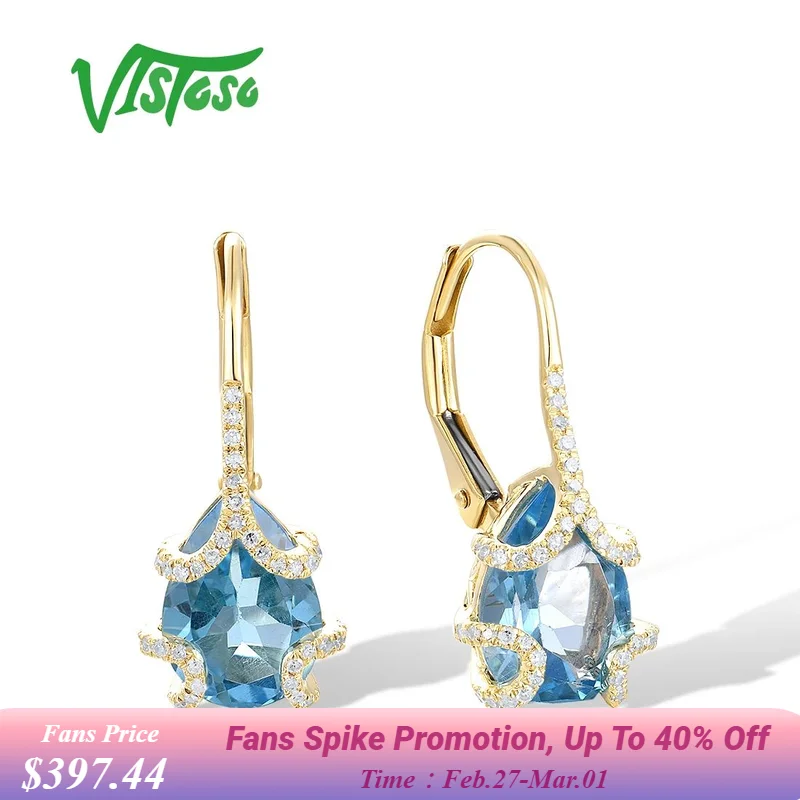 

VISTOSO Real 14K 585 Yellow Gold Earrings For Women Sparkling Diamond Blue Topaz Charming Wedding Trendy Party Fine Jewelry