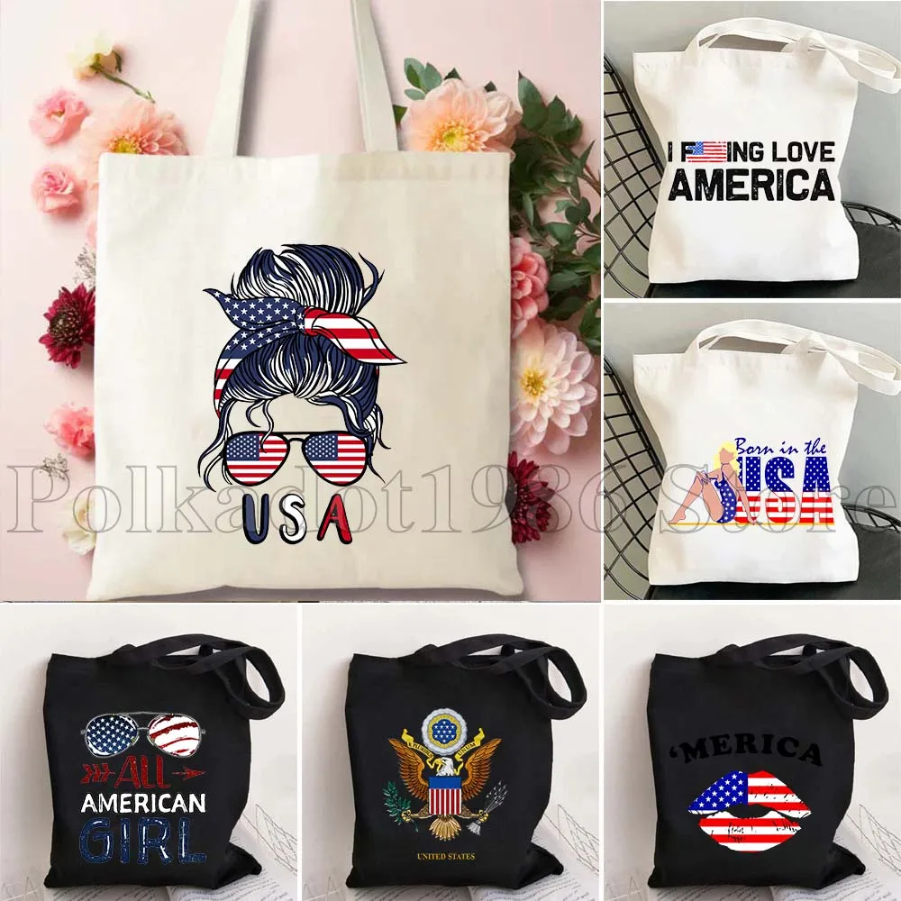 

Американский флаг Патриотический подарок Agle 4 июля Карта США Холст Сумка для покупок Бакалея Сумка-шоппер Сумка на плечо Женская повседневная сумка
