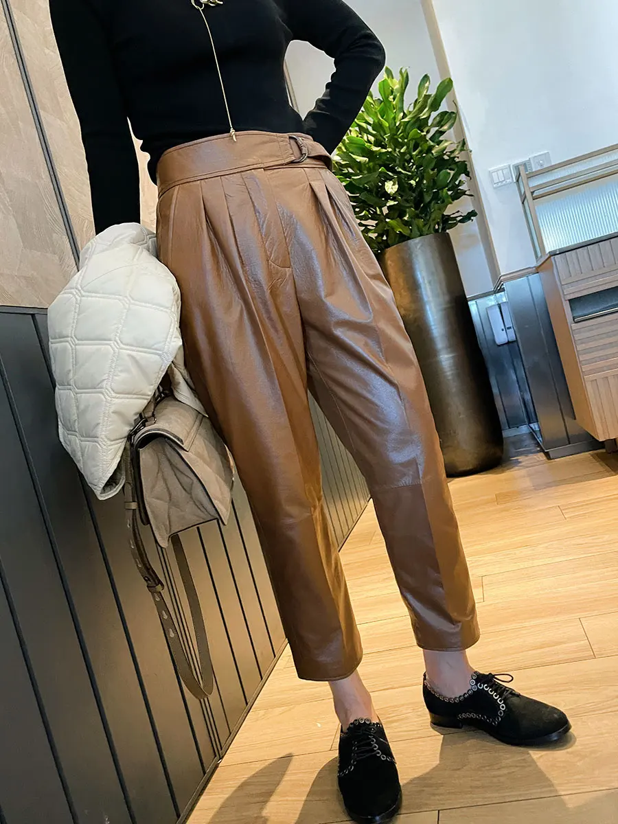 

Кожаные брюки из овечьей кожи 360 Deee Beautiful BC Sle Oil iny с поясом, уличный стиль, с высокой талией, длинные, для женщин