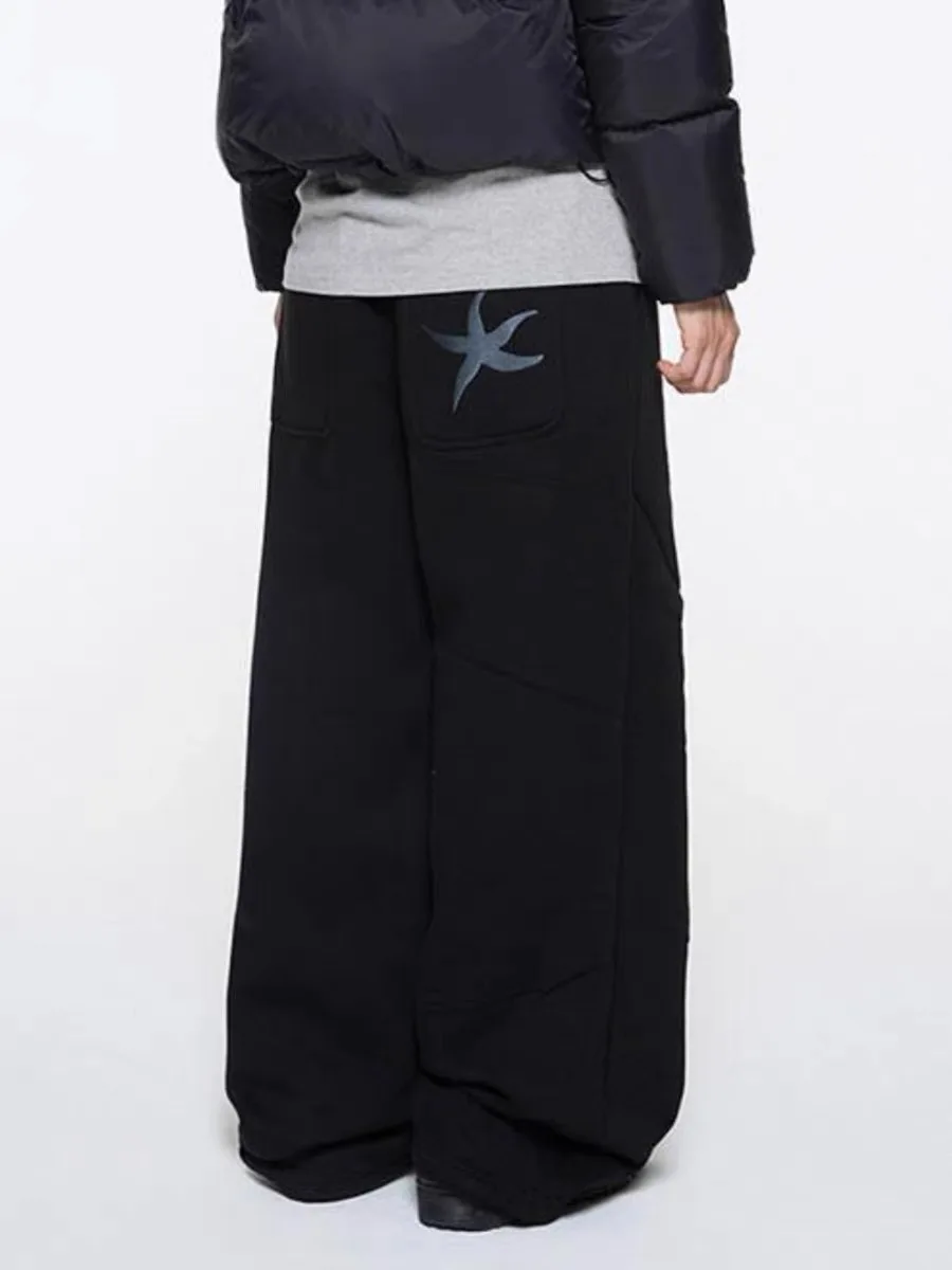 

Casual Star Embroidery Wide Leg Pants High Waist Straight Leg Zipper Closure Long Trousers Comfortable Loose Fit Women's Jeans