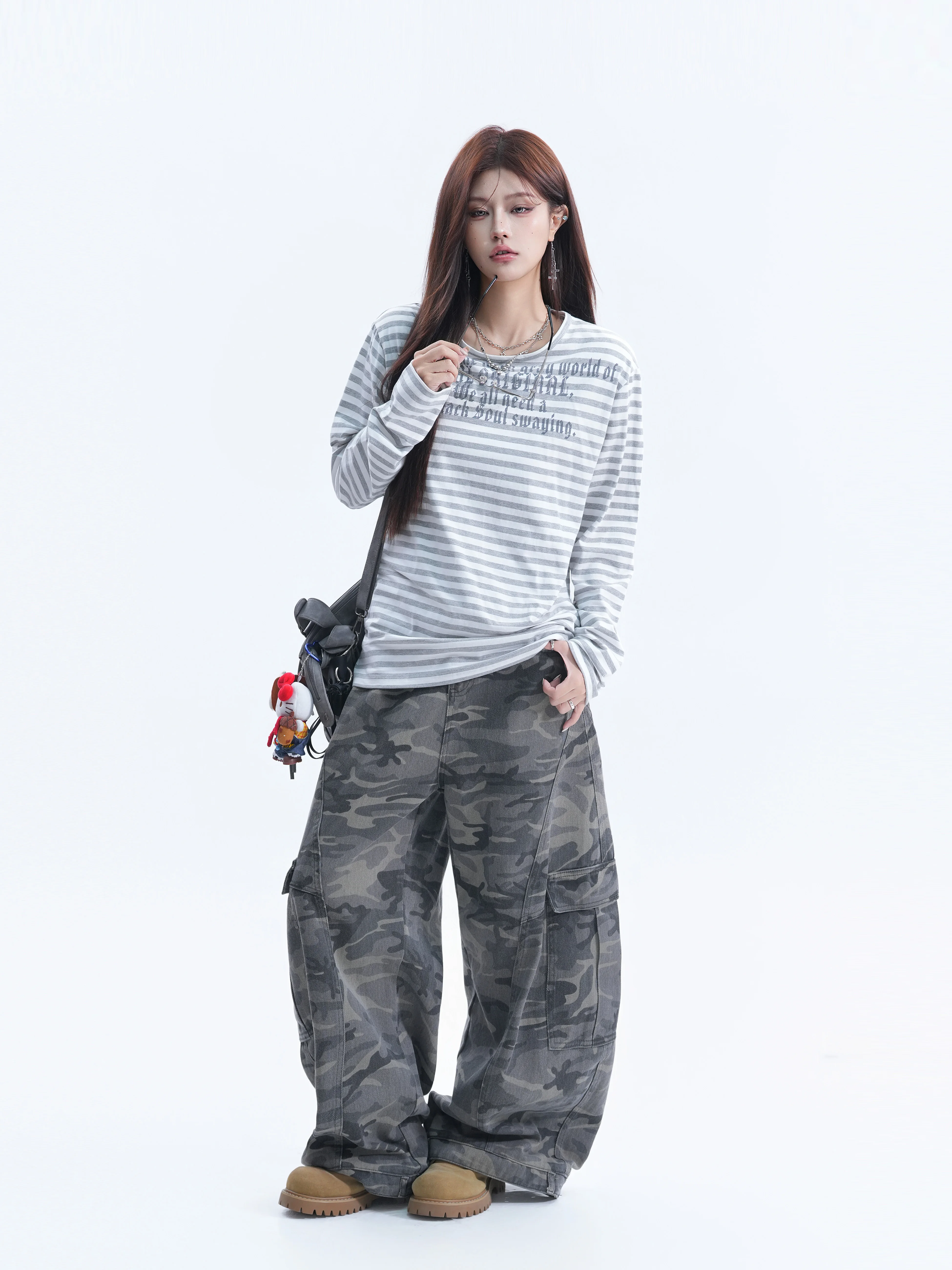 Retro American Striped Long Sleeve Women's T-shirt Small Ball Print Slim Fit Couple Slightly Elastic Cotton Top