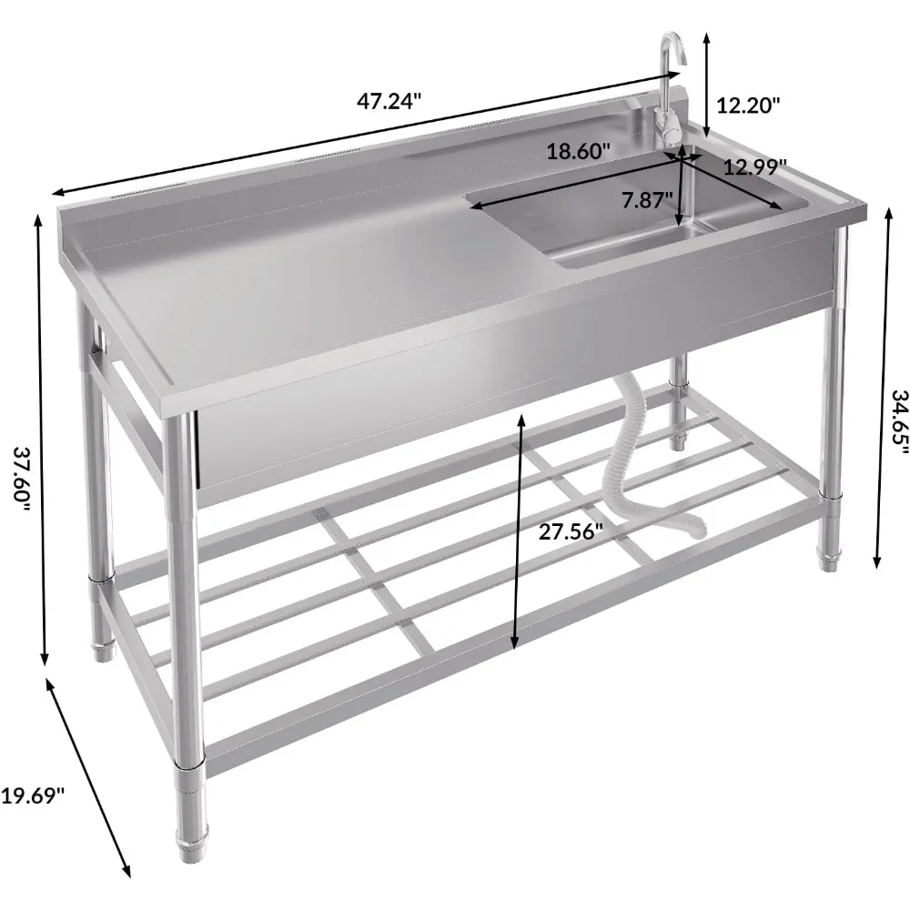 47-Zoll-Freistehendes Waschbecken, Einzelbecken aus Edelstahl mit Kalt-/Warmwasserrohr, Lagerregal, Wasserhahn und verstellbar