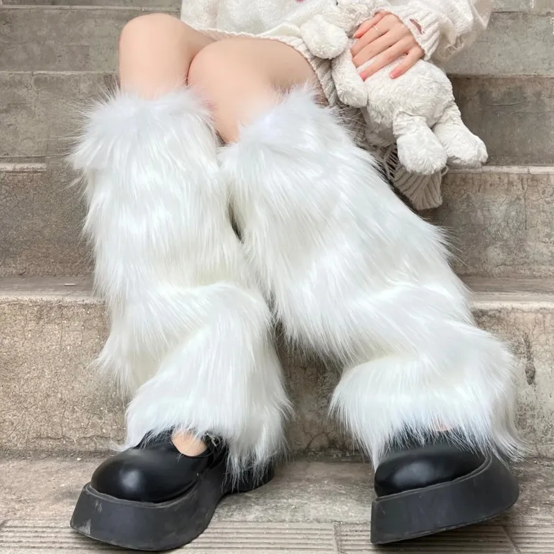 2 pasang Penutup Kaki Bulu Imitasi Hitam Putih Vintage Y2K Penutup Sepatu Lolita Jepang Jk Penghangat Kaki Musim Dingin Fashion Hangat Kaos Kaki Hangat