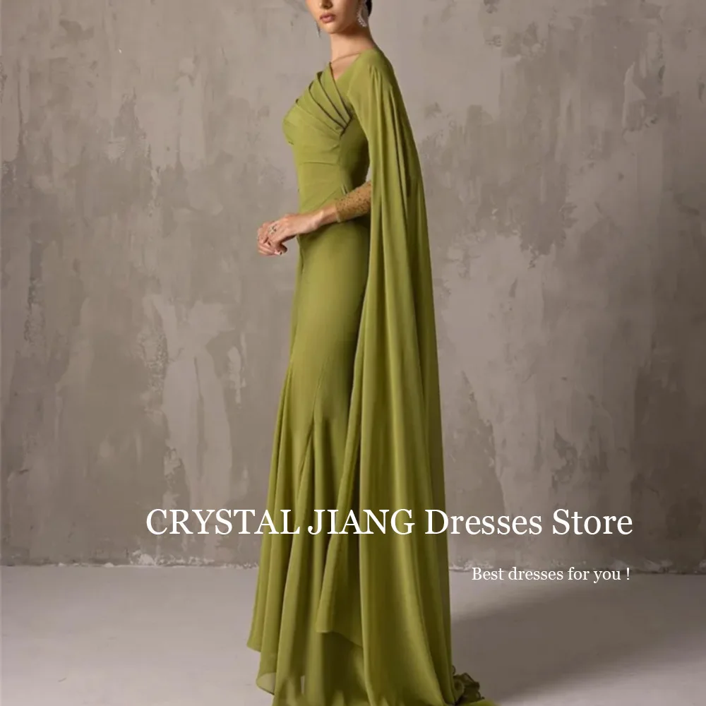 Classy Long Green V Neck Spandex Evening Dresses Full Sleeves with Cape A Line Sweep Train فساتين سهرات