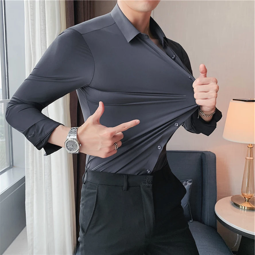 

Ele Long Sve Men's irt Elastic Ice Silk Chiffon Casual Drapey Busin Casual irt Youth ular Pure Color Loose Fit