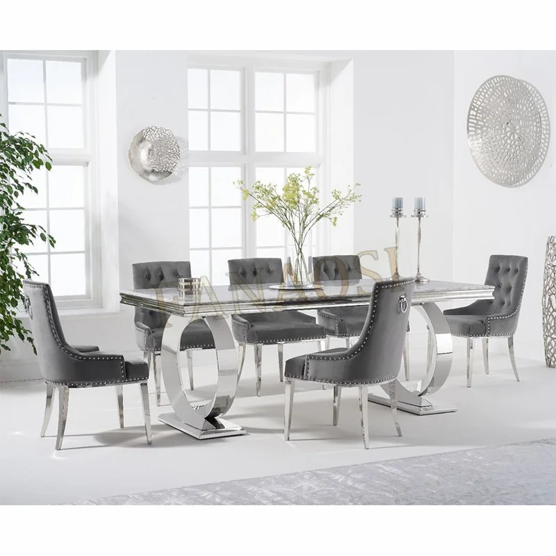 

Nordic style simple luxury rectangular dining table set 6 silver stainless steel marble countertop dining table set
