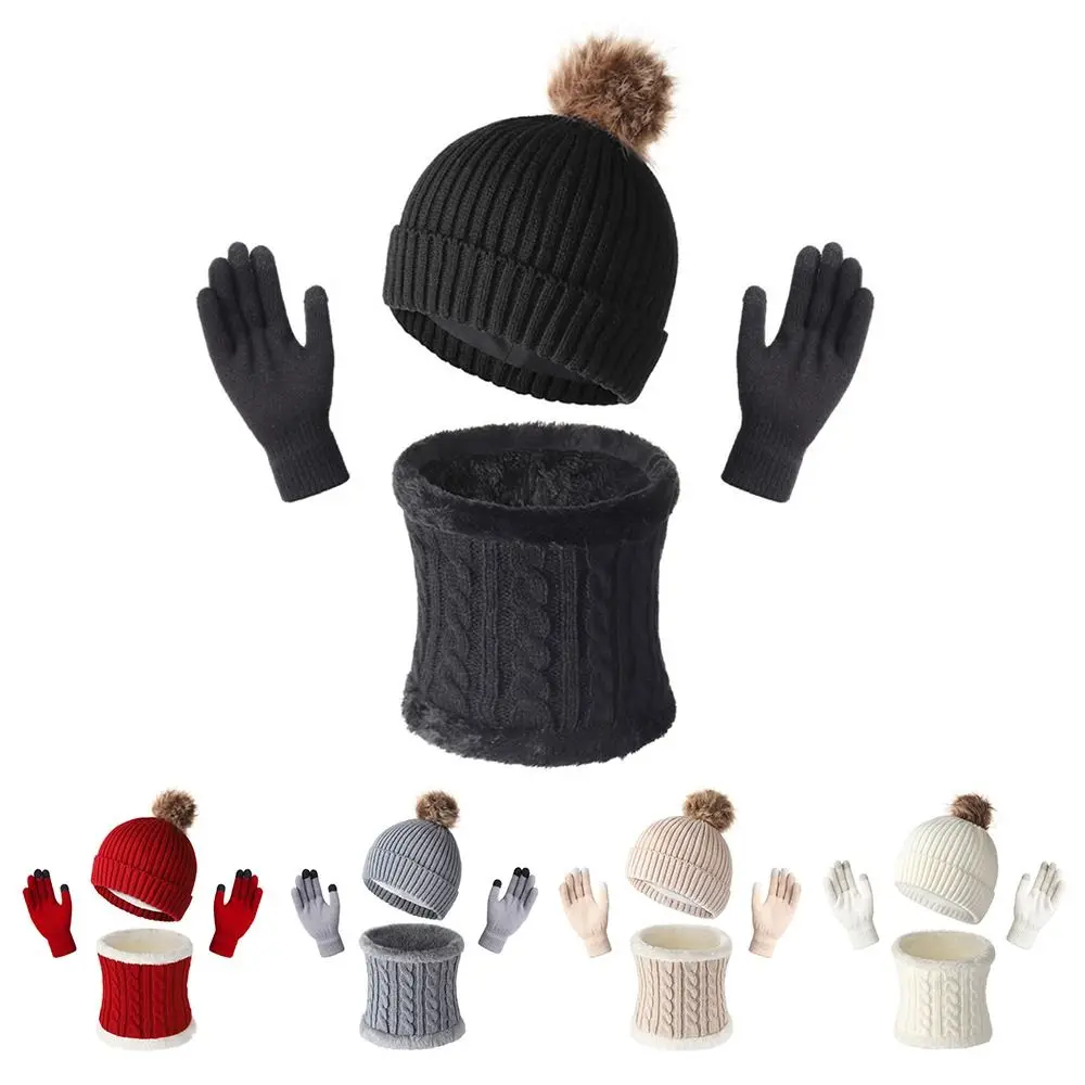 

3pcs/set Soft Big Hair Ball Winter Knitted Hat Keep Warm Thicken Winter Hat Set Solid Color Warm Pullover Hat Women