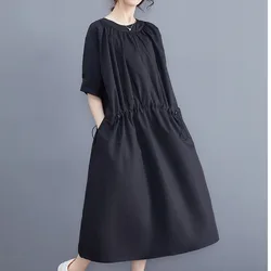 #3395 Summer Vintage Midi Dress Women Short Sleeve Loose Korean Style Drawstring A-line Dress Femme Pockets Black Brown