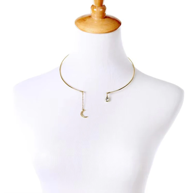New Women Necklace Rhinestone Moon Water Drop Polished Golden Metal Lady Bib Neck Collar Hoop Circle Torques Open Cuff