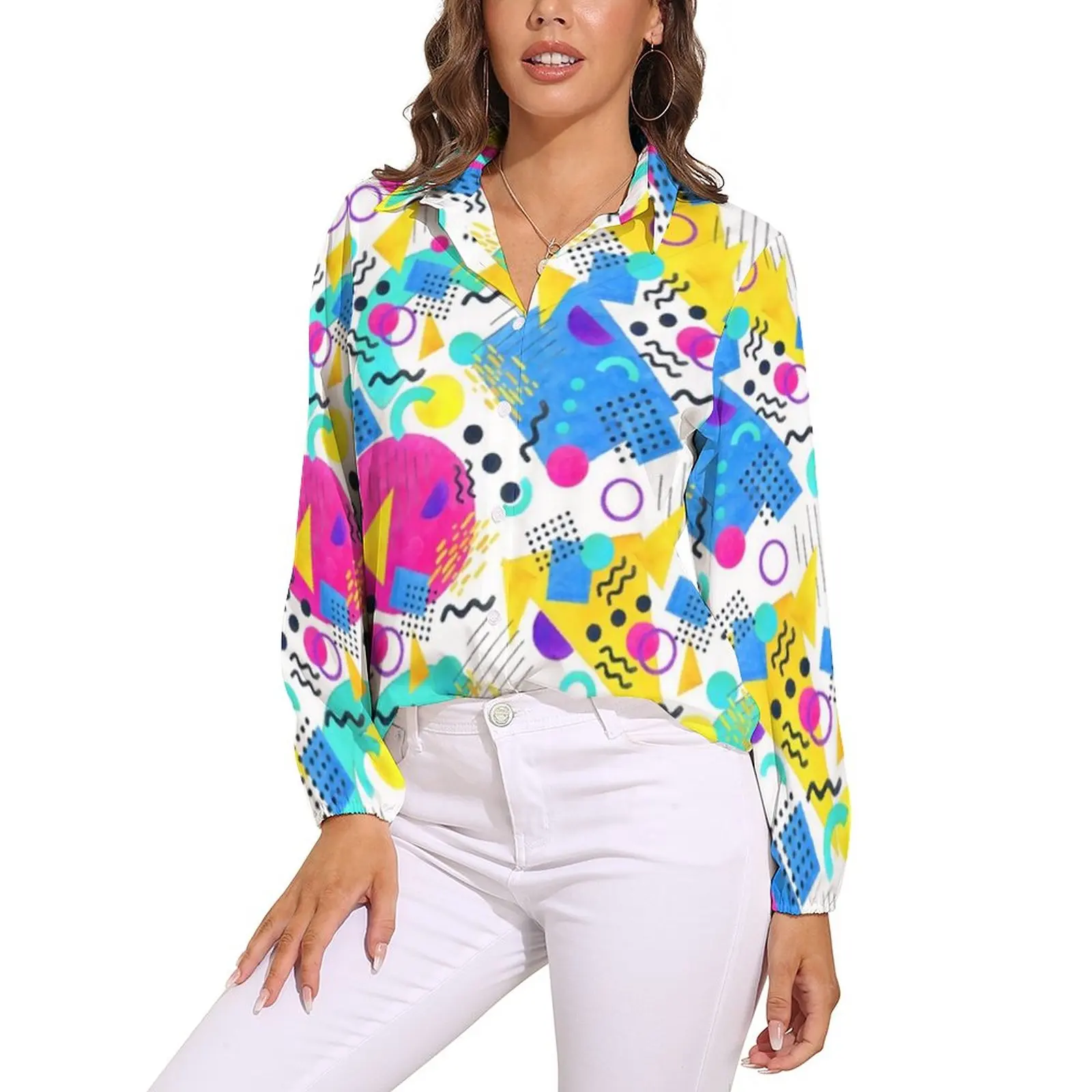 Colorful Memphis Blouse Geometric Retro Abstract Pretty Custom Blouses Female Casual Shirt Summer Long-Sleeve Oversized Clothing