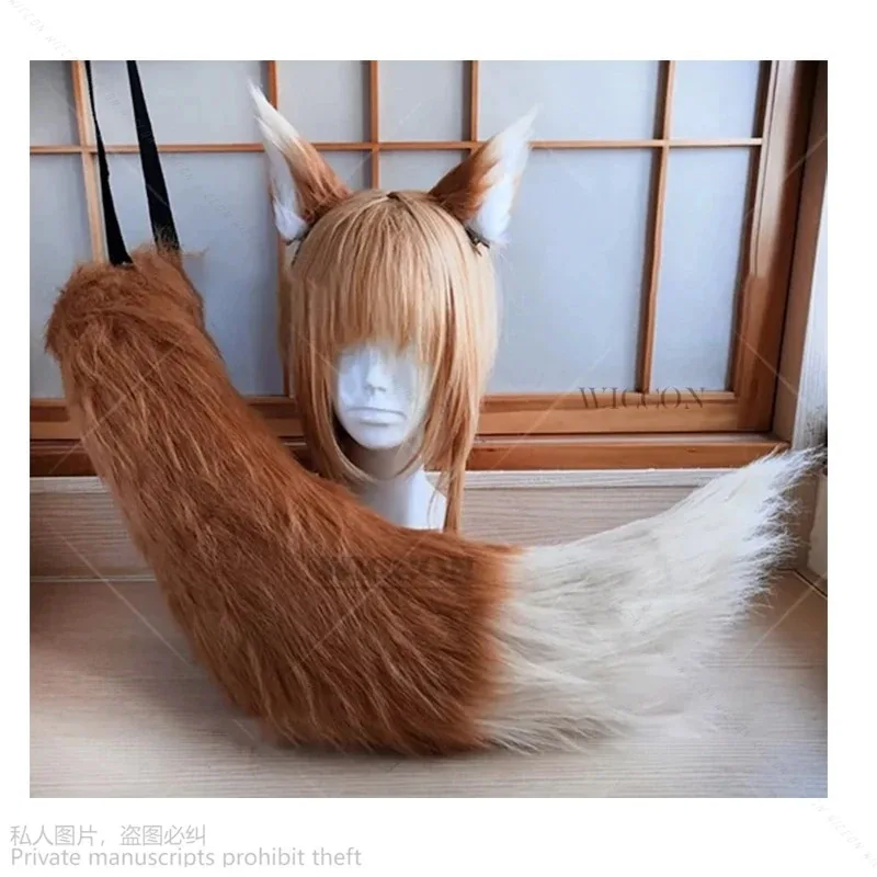 애니메이션 스파이스 앤 호로 코스프레 의상 탑 드레스 갈색 머리 가발 꼬리 귀 세트 홀로 롤플레잉 퍼리 늑대 여우 귀;2'k,8;c'