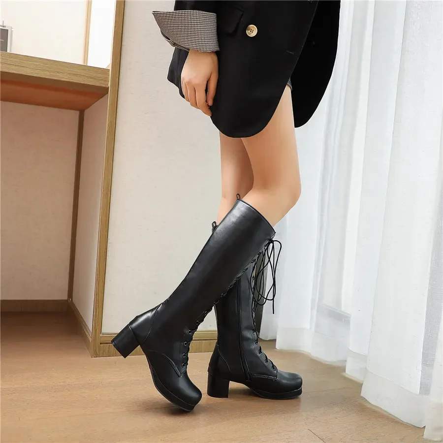 Big Size Sweet Women Knee High Platform Boots Pink White Block Heel Casual Party Lady Round Toe Zipper Lace-up Lolita Long Boots